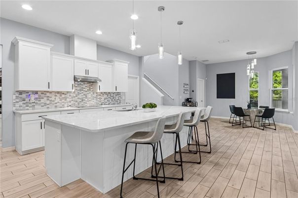 Interior, Kitchen, Pendant Lights, Recessed Lighting, Wood Texture Flooring