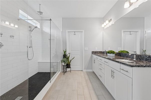 Bathroom, Dual Sink Vanities, Glass Shower, Interior, Wood Texture Flooring