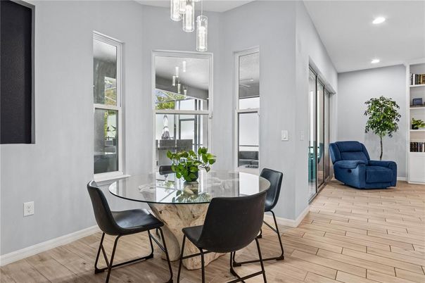Dining room, Interior, Pendant Lights, Recessed Lighting, Wood Texture Flooring