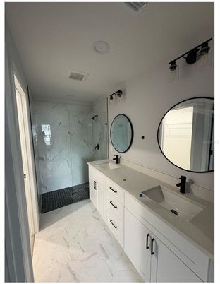 Bathroom, Dual Sink Vanities, Glass Shower, Interior, Marble, Marble Walls