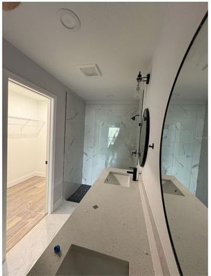 Bathroom, Glass Shower, Interior, Marble, Marble Walls, Walk-in Closets, Wood Texture Flooring