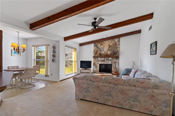 Dining room, Fireplace, Interior, Living room, Stone Walls, Wooden Beams