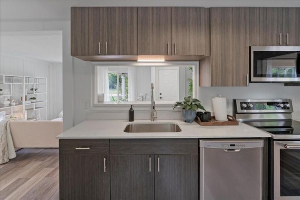Interior, Kitchen, Stainless Steel Appliances, Wood Texture Flooring