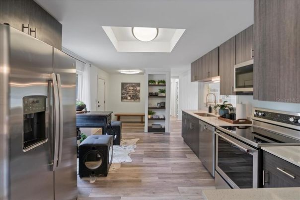 Interior, Kitchen, Stainless Steel Appliances, Wood Texture Flooring