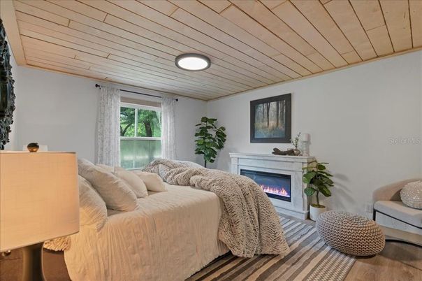 Fireplace, Interior, Living room, Recessed Lighting, Wooden Ceilings, Wood Texture Flooring