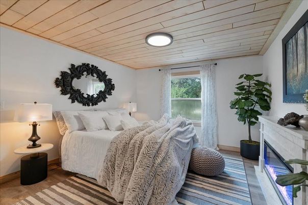 Bedroom, Fireplace, Interior, Wooden Ceilings, Wood Texture Flooring