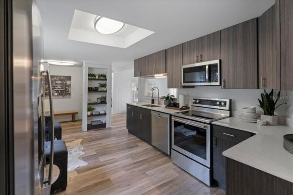 Interior, Kitchen, Stainless Steel Appliances, Wood Texture Flooring