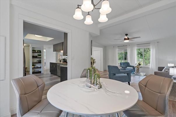 Dining room, Interior, Kitchen, Living room, Stainless Steel Appliances, Wood Texture Flooring