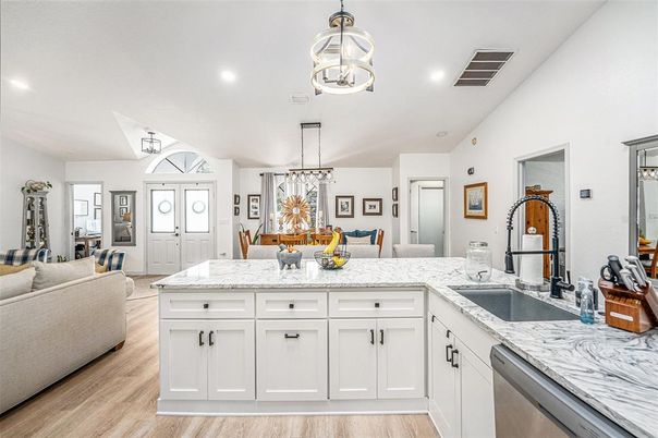 Interior, Kitchen, Living room, Pendant Lights, Recessed Lighting, Wood Texture Flooring
