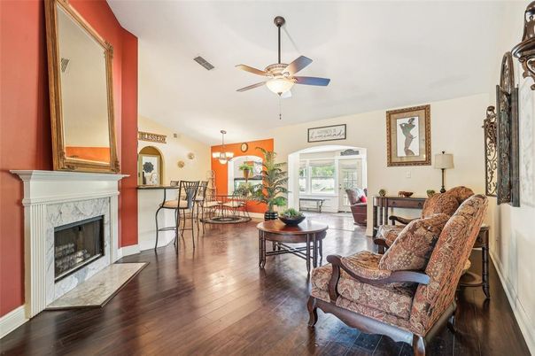 Dining room, Fireplace, Interior, Living room, Pendant Lights, Wood Texture Flooring