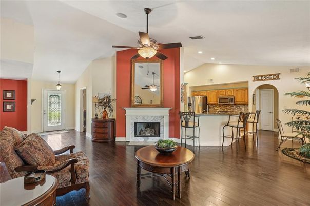 Fireplace, Interior, Kitchen, Pendant Lights, Recessed Lighting, Wood Texture Flooring