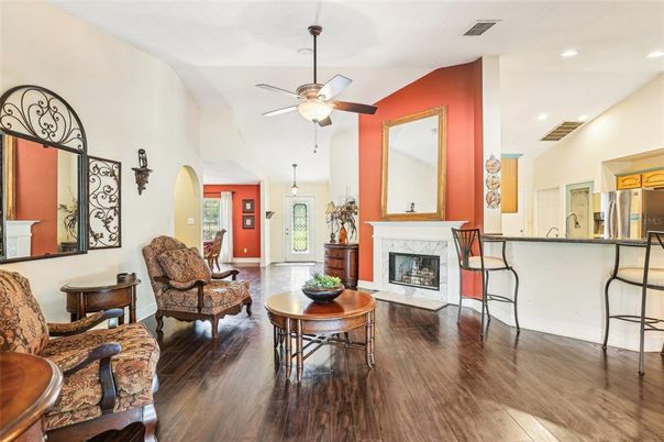 Fireplace, Interior, Pendant Lights, Recessed Lighting, Wood Texture Flooring