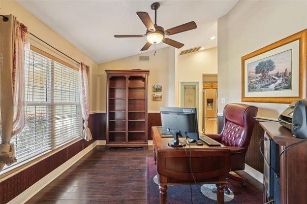 Home Office, Interior, Recessed Lighting, Wood Texture Flooring