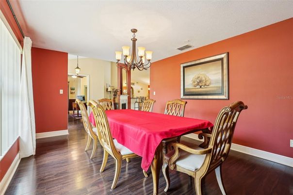 Chandelier, Dining room, Interior, Wood Texture Flooring
