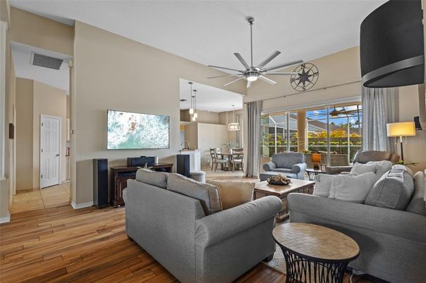 Dining room, Interior, Living room, Pendant Lights, Wood Texture Flooring