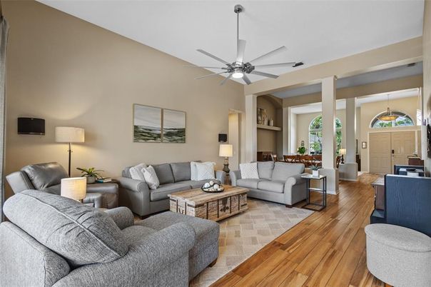 Dining room, Interior, Living room, Pendant Lights, Wood Texture Flooring