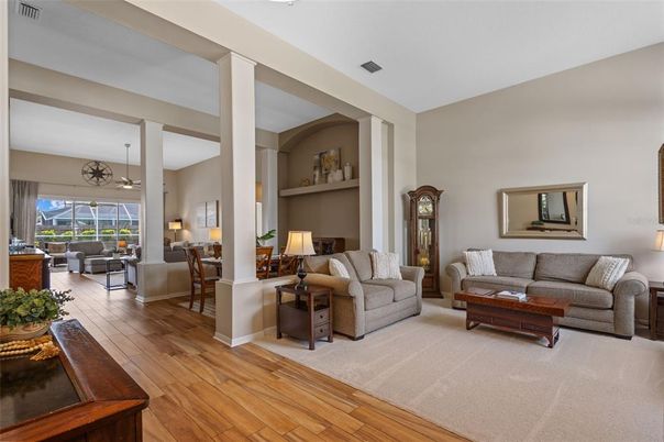 Dining room, Interior, Living room, Pendant Lights, Wood Texture Flooring