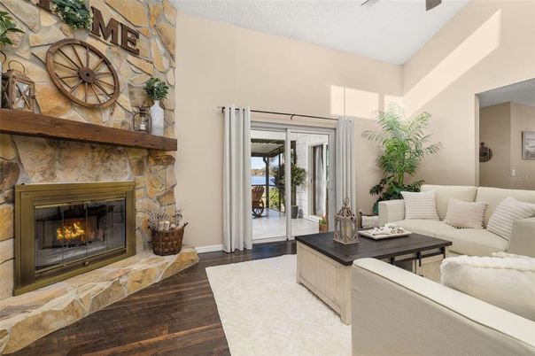 Fireplace, Interior, Living room, Stone Walls, Wood Texture Flooring