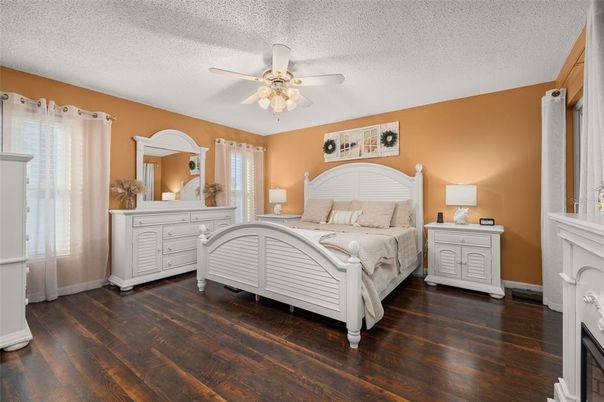 Bedroom, Fireplace, Interior, Wood Texture Flooring