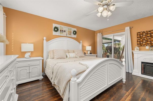 Bedroom, Fireplace, Interior, Wood Texture Flooring