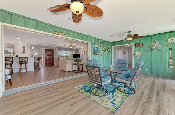 Dining room, Interior, Living room, Recessed Lighting, Wood Texture Flooring