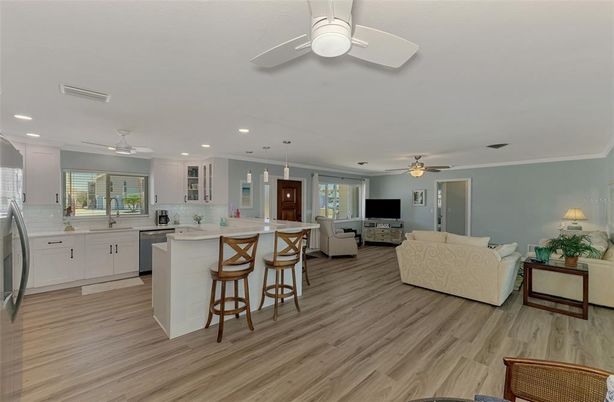 Interior, Kitchen, Living room, Pendant Lights, Recessed Lighting, Wood Texture Flooring