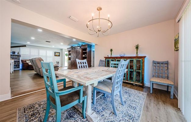 Chandelier, Dining room, Interior, Recessed Lighting, Wood Texture Flooring