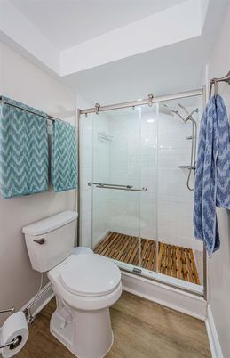 Bathroom, Glass Shower, Interior, Wood Texture Flooring