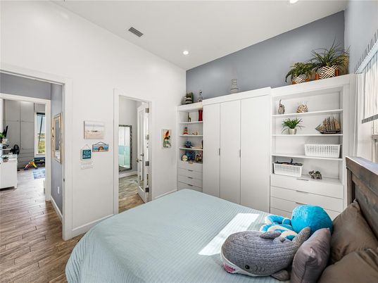 Bedroom, Interior, Recessed Lighting, Wood Texture Flooring