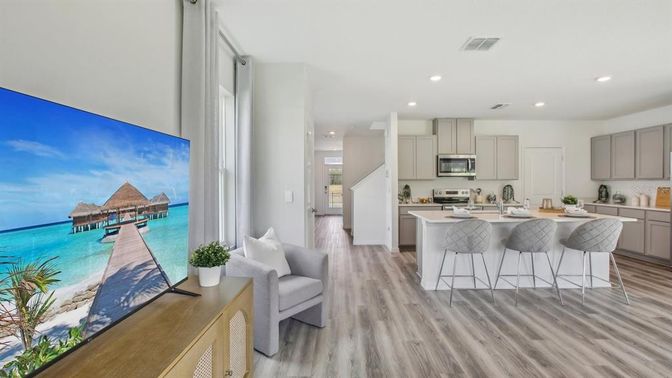 Interior, Kitchen, Recessed Lighting, Stainless Steel Appliances, Water, Wood Texture Flooring