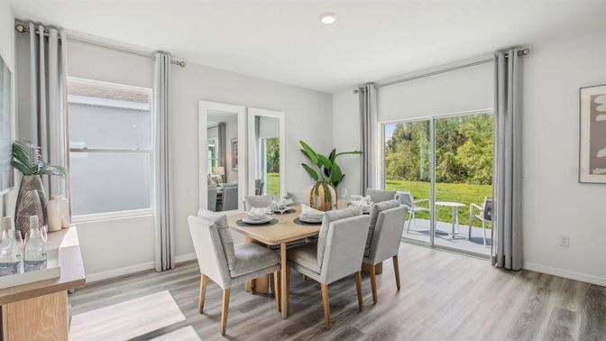 Dining room, Interior, Recessed Lighting, Wood Texture Flooring