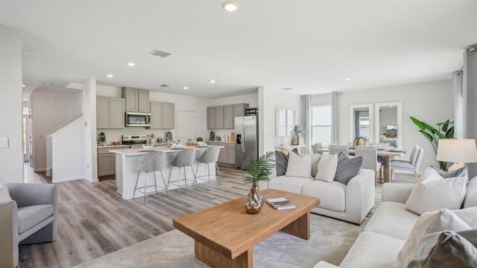 Dining room, Interior, Kitchen, Living room, Recessed Lighting, Stainless Steel Appliances, Wood Texture Flooring