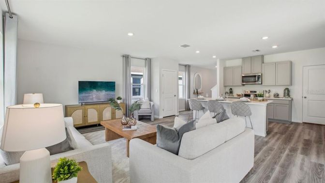 Interior, Kitchen, Living room, Recessed Lighting, Stainless Steel Appliances, Wood Texture Flooring