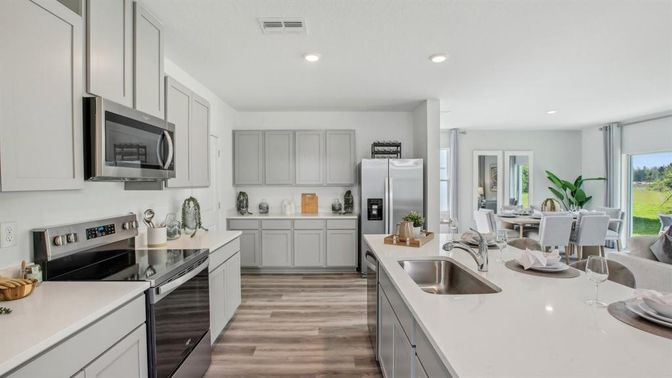 Dining room, Interior, Kitchen, Recessed Lighting, Stainless Steel Appliances, Wood Texture Flooring