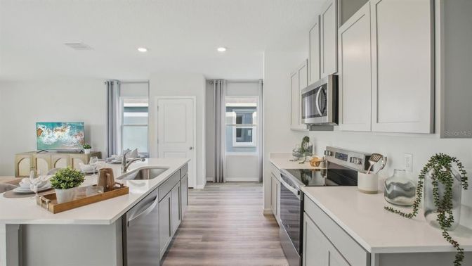 Interior, Kitchen, Recessed Lighting, Wood Texture Flooring