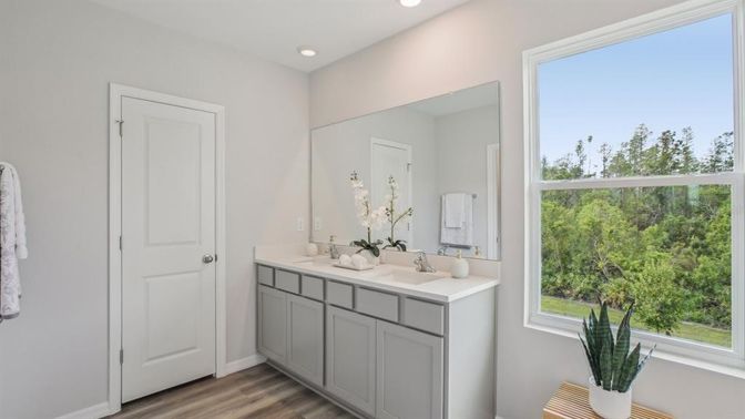 Bathroom, Dual Sink Vanities, Interior, Recessed Lighting, Wood Texture Flooring