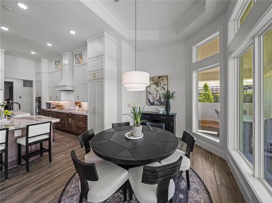 Dining room, Interior, Kitchen, Pendant Lights, Recessed Lighting, Wood Texture Flooring