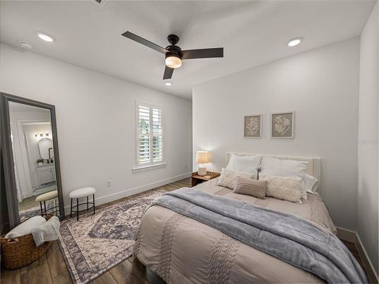 Bedroom, Interior, Recessed Lighting, Wood Texture Flooring