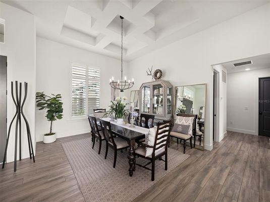 Chandelier, Dining room, Interior, Wood Texture Flooring