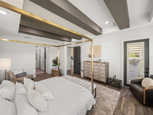 Bedroom, Interior, Recessed Lighting, Wood Texture Flooring
