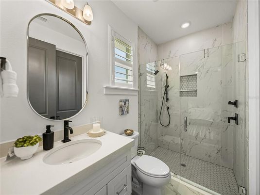 Bathroom, Glass Shower, Interior, Marble, Marble Walls, Recessed Lighting