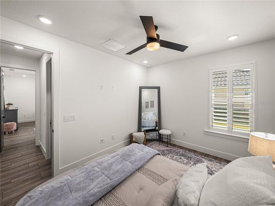 Bedroom, Interior, Recessed Lighting, Wood Texture Flooring
