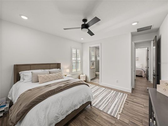 Bedroom, Interior, Recessed Lighting, Wood Texture Flooring