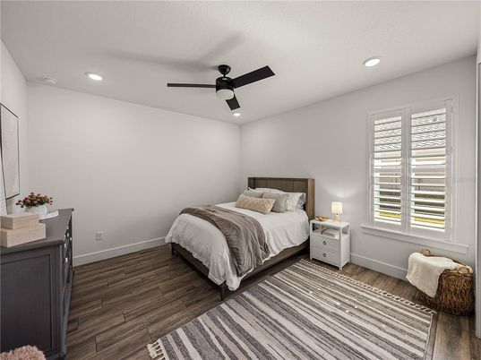 Bedroom, Interior, Recessed Lighting, Wood Texture Flooring