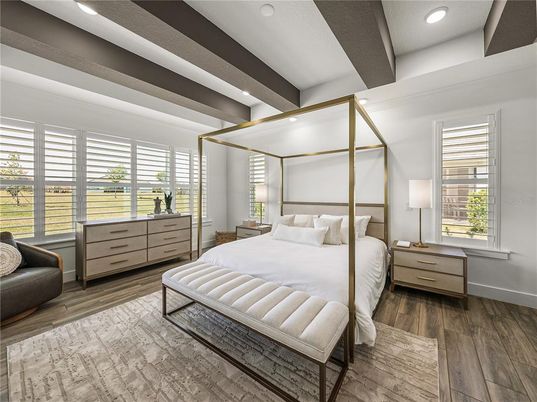 Bedroom, Interior, Recessed Lighting, Wooden Beams, Wood Texture Flooring
