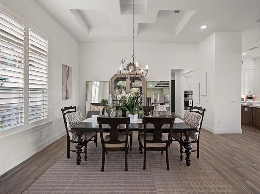 Chandelier, Dining room, Interior, Kitchen, Recessed Lighting, Wood Texture Flooring