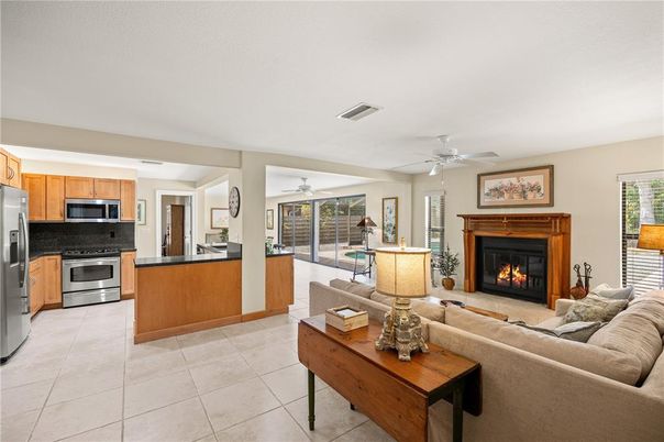 Fireplace, Interior, Kitchen, Living room, Stainless Steel Appliances