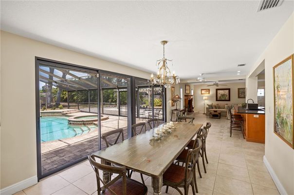 Chandelier, Dining room, Interior, Living room, Pool, Sun Room