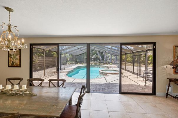 Chandelier, Dining room, Glass Ceilings, Interior, Pool, Sun Room