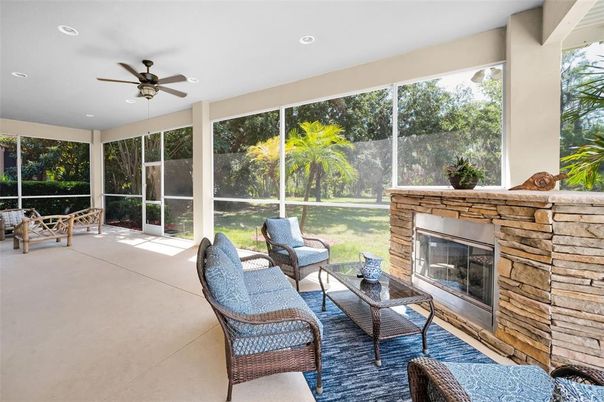 Fireplace, Interior, Living room, Recessed Lighting, Stone Walls, Sun Room